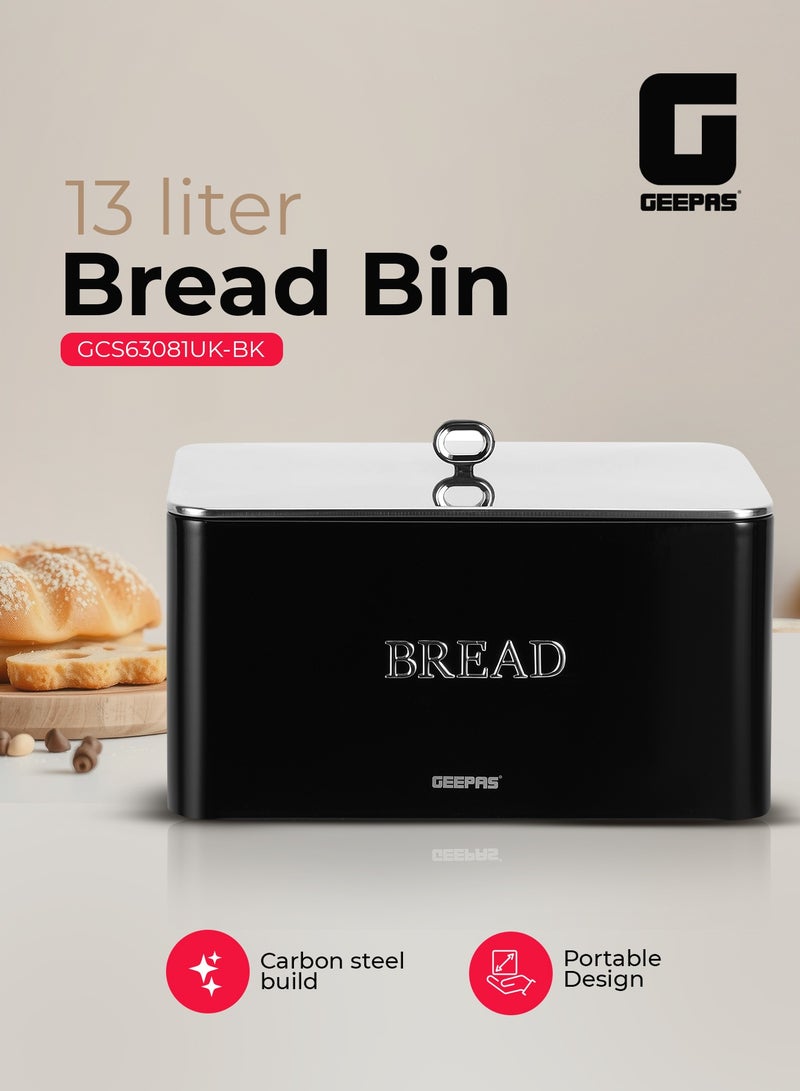 GEEPAS 13 L Bread Bin Retro-Style | Carbon Steel Bread Box with Air-Circulation Freshness System | Easy-Clean Smooth Finish, Portable Countertop Storage for Bread | Pastries & Snacks  GCS63081UK-BK Black - Image 1